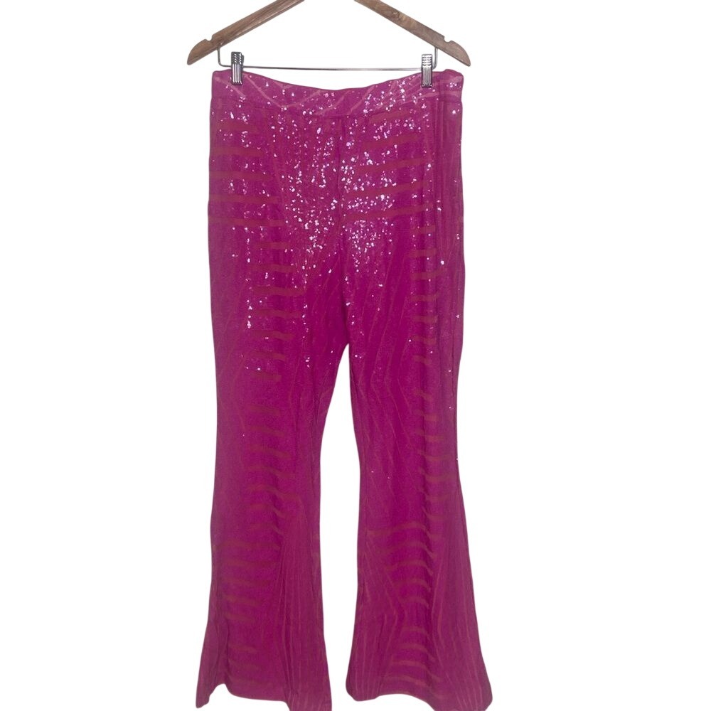 NWOT Hot Pink Sequin Striped Flared Pants - Size XL